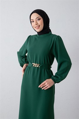 Aksesuar Kemerli Krep Elbise Yeşil
